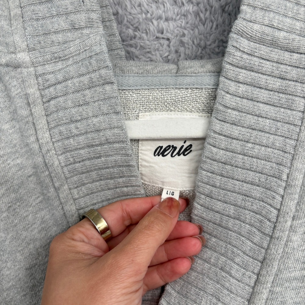 Aerie Down To Earth Henley Hoodie Size L Heather Gray Oversized V Neck Terry - Picture 5 of 8